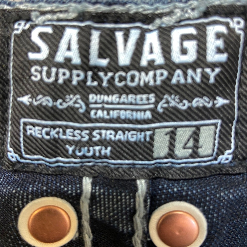 Salvage Supply Co Jeans Boys 14 Dark Wash Excellent Embroidered Thick Stitch - Picture 3 of 15
